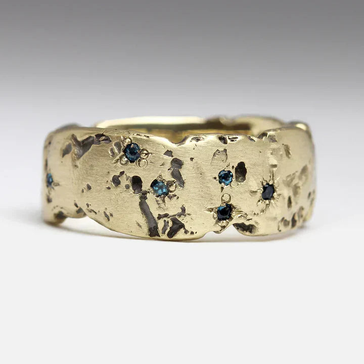 ZEVORA Antique Golden Forged Blue Crystal Ring – Handmade Gold & Blue Inlaid Crystal Jewelry
