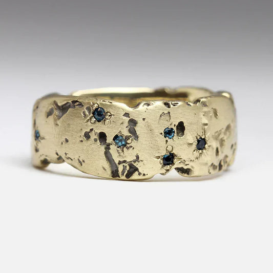 ZEVORA Antique Golden Forged Blue Crystal Ring – Handmade Gold & Blue Inlaid Crystal Jewelry