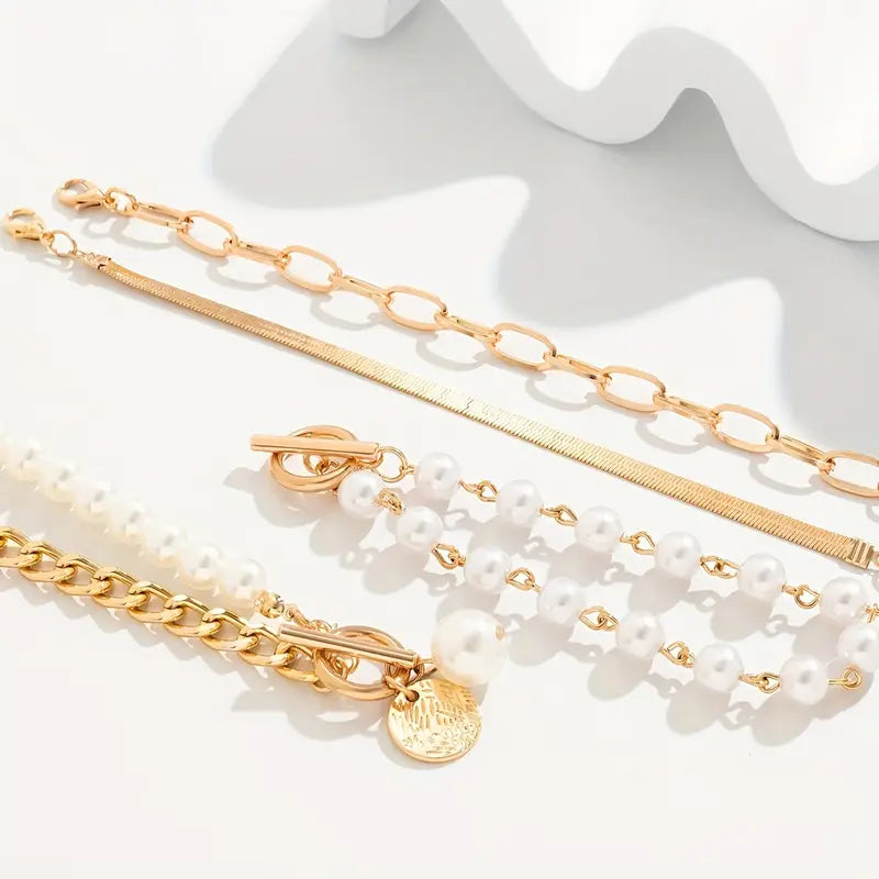 ZEVORA Chic Gold 4-Piece Bracelet Set – Snake, Pearls & Links | Handmade Gold Jewelry