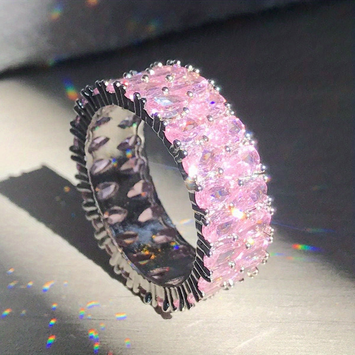 ZEVORA Blush Cascade Eternity Ring – Handmade White Gold & Pink Sapphire Jewelry