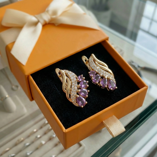 ZEVORA Nyvella Violet Feather Earrings – Rose Gold Amethyst Feather Drop Earrings