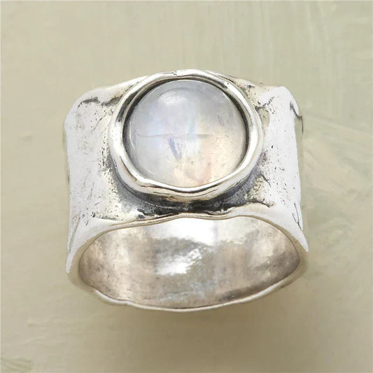 ZEVORA Moonstone Boho Ring – Handmade White Gold & Moonstone Bohemian Jewelry