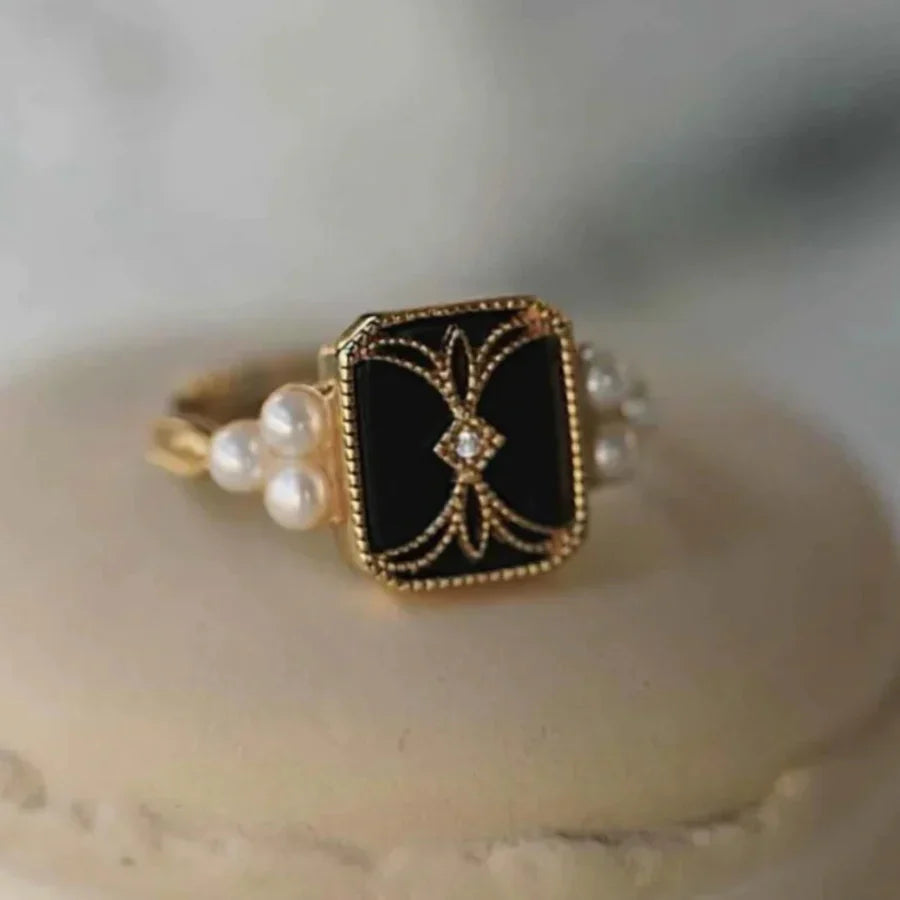 ZEVORA Antique Black Pearl Ring – Handmade Gold & Black Pearl Vintage Jewelry