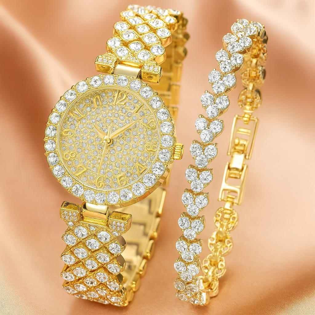 ZEVORA Luxe Radiance Watch & Bracelet Set – Handmade Gold Jewelry Set