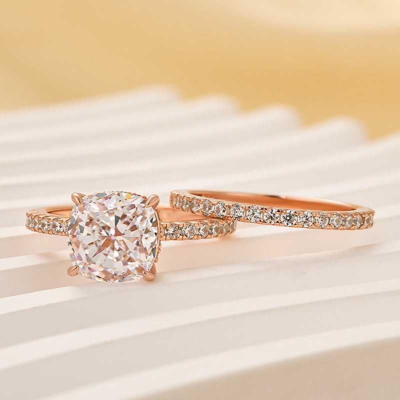 ZEVORA Bridal Cushion 2PC Ring Set – Handmade Rose Gold Engagement & Wedding Ring Set