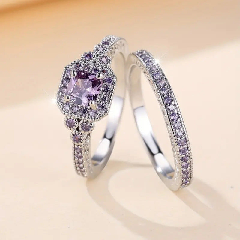 ZEVORA Valeria Promise Ring Set – Handmade White Gold & Amethyst Jewelry Set