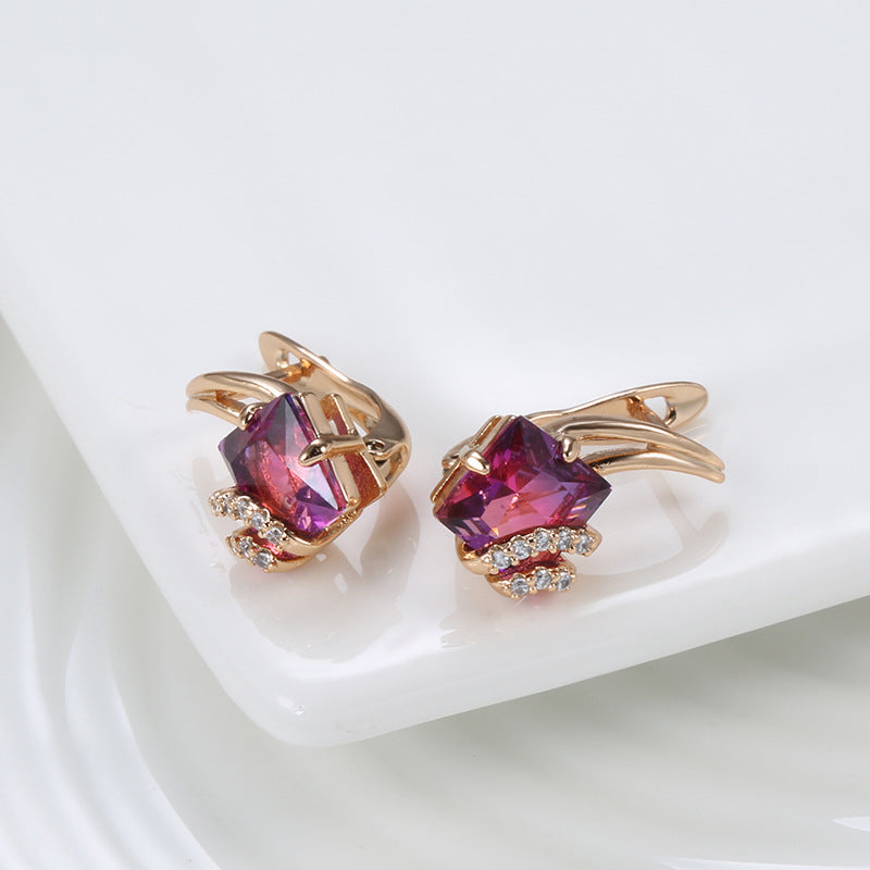 ZEVORA Crimson Square Crystal Earrings – Rose Gold Ruby Red Crystal Square Stud Earrings