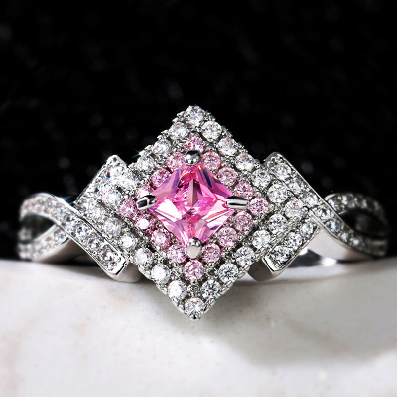 ZEVORA Couture Pavé Square Ring – Handmade White Gold & Pink Sapphire Jewelry