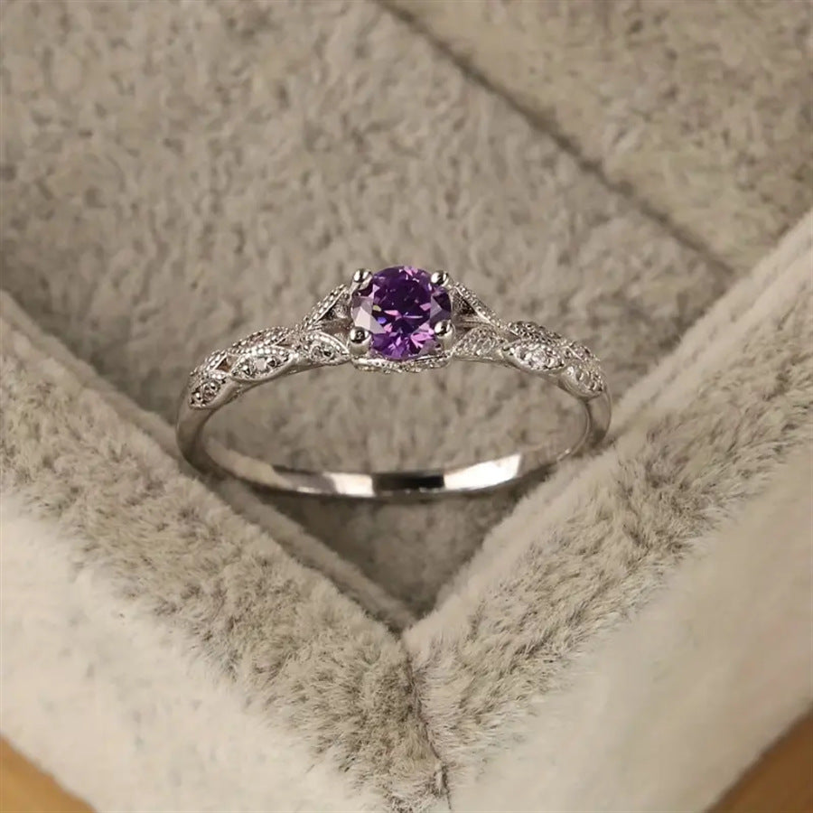 ZEVORA Amelys Fern Ring – Handmade White Gold & Amethyst Jewelry