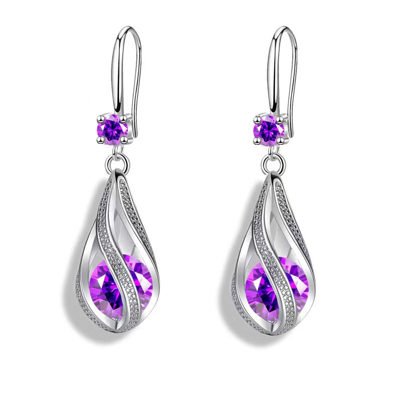ZEVORA Calithra Lumen Twist Earrings – White Gold Amethyst Twisted Drop Earrings