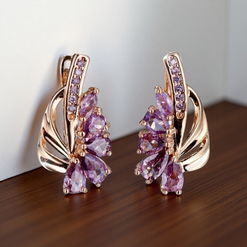 ZEVORA Viorelle Amethyst Wing Earrings – Rose Gold Purple Amethyst Wing Drop Earrings