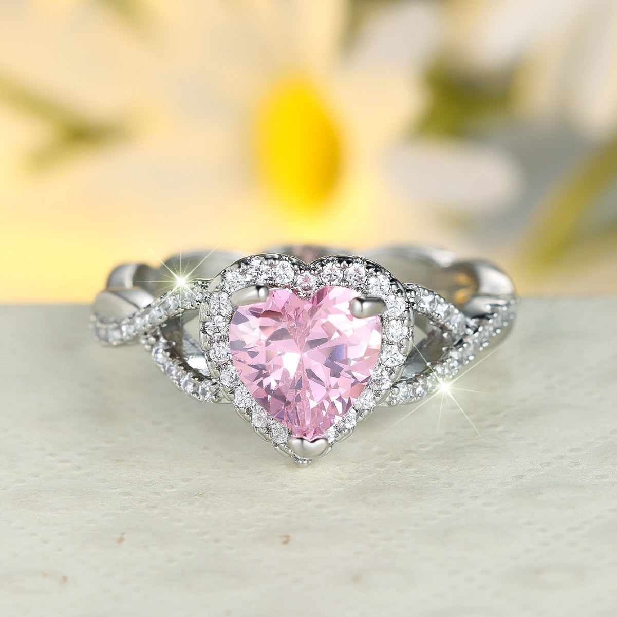 ZEVORA Amour Twist Halo Ring – Handmade White Gold & Pink Sapphire Jewelry