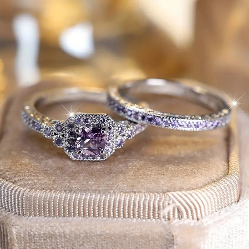 ZEVORA Valeria Promise Ring Set – Handmade White Gold & Amethyst Jewelry Set