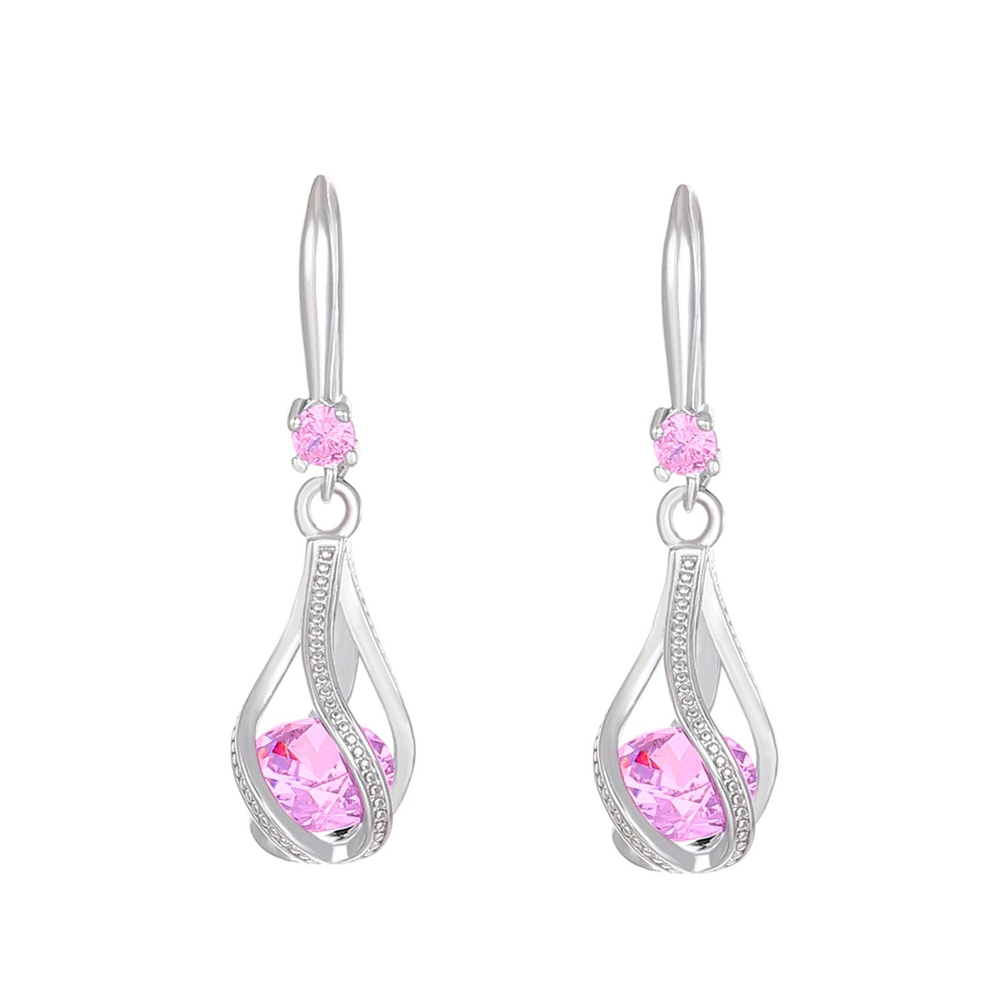 ZEVORA Rosalith Lumen Twist Earrings – White Gold Pink Sapphire Twisted Drop Earrings