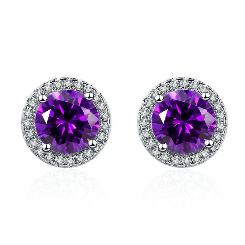 ZEVORA Amethyst Round Pavé Stud Earrings – White Gold Purple Amethyst Pavé Studs