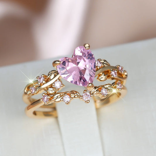 ZEVORA Petalheart Garden Ring Set – Handmade Gold & Pink Sapphire Jewelry Set