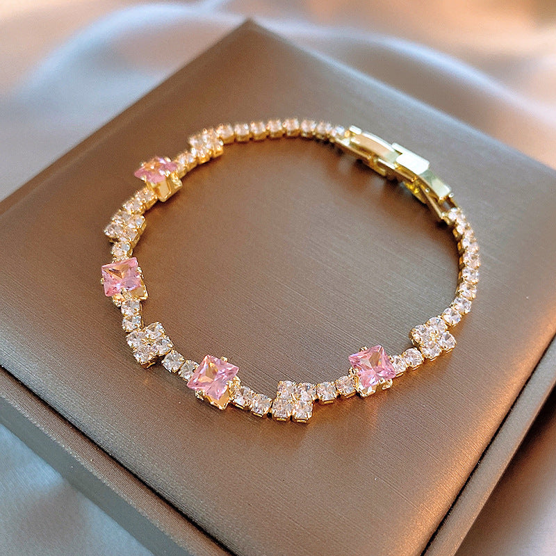 ZEVORA Blush Squares Tennis Bracelet – Handmade Gold & Pink Sapphire Jewelry