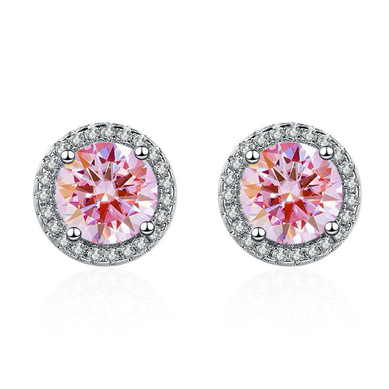 ZEVORA Pink Round Pavé Stud Earrings – White Gold Pink Sapphire Pavé Studs