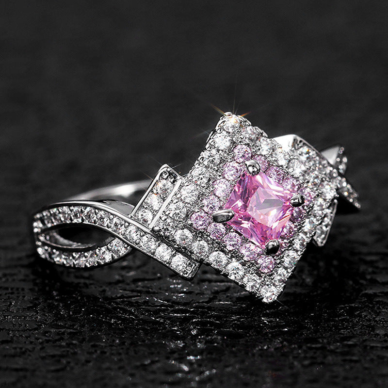 ZEVORA Couture Pavé Square Ring – Handmade White Gold & Pink Sapphire Jewelry
