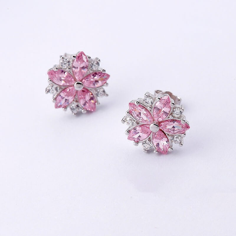 ZEVORA Cherry Blossom Earrings – White Gold Pink Sapphire Floral Drop Earrings