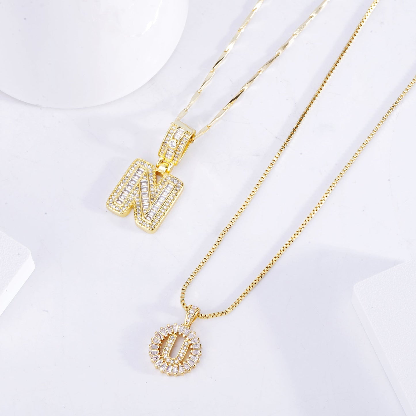 ZEVORA Pavé Initial Letter Gold Necklace Set – Handmade & Hypoallergenic