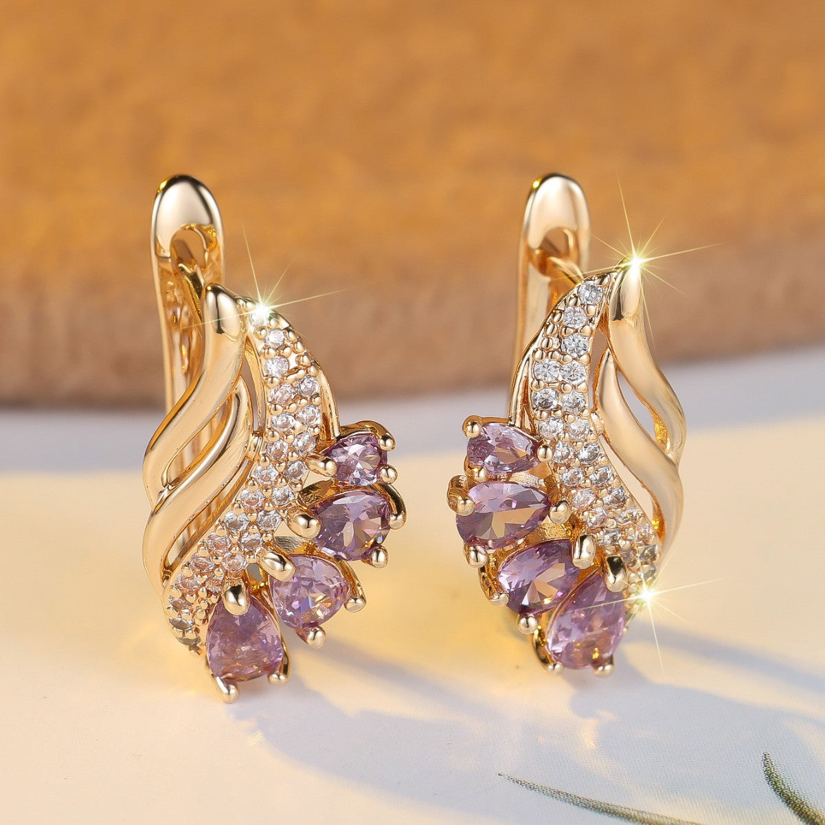 ZEVORA Nyvella Violet Feather Earrings – Rose Gold Amethyst Feather Drop Earrings