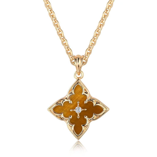 ZEVORA Brown Clover Pendant Necklace – Gold