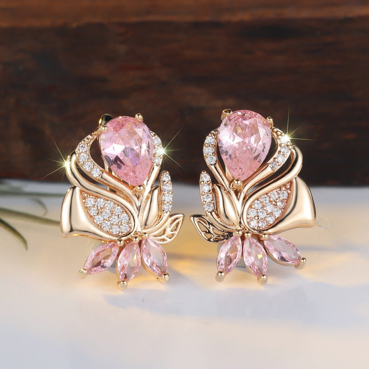 ZEVORA Amorette Rosepetal Earrings – Rose Gold Pink Sapphire Rose Petal Drop Earrings