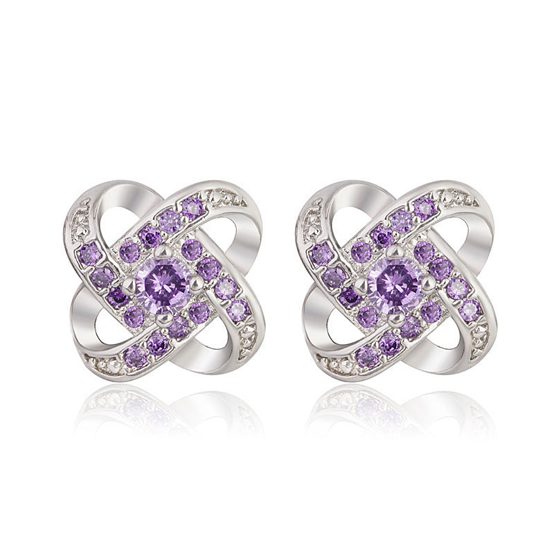 ZEVORA Purple Crystal Knot Earrings – White Gold Amethyst Knot Stud Earrings