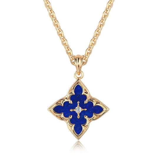 ZEVORA Blue Clover Pendant Gold Necklace