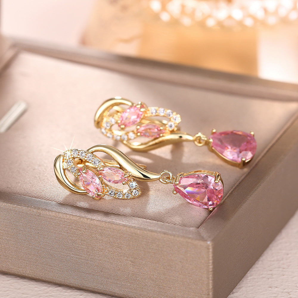 ZEVORA Pink Sapphire Glimmer Drop Earrings – Gold Pink Sapphire Sparkling Drop Earrings