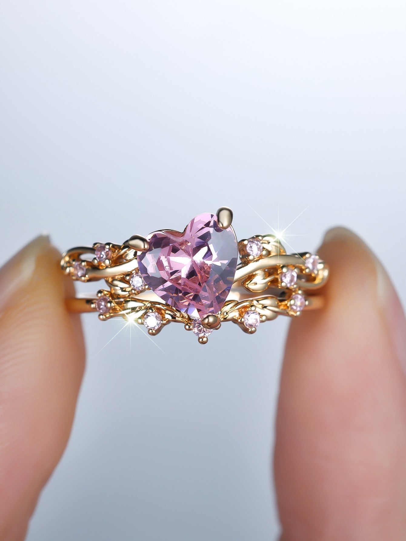 ZEVORA Petalheart Garden Ring Set – Handmade Gold & Pink Sapphire Jewelry Set