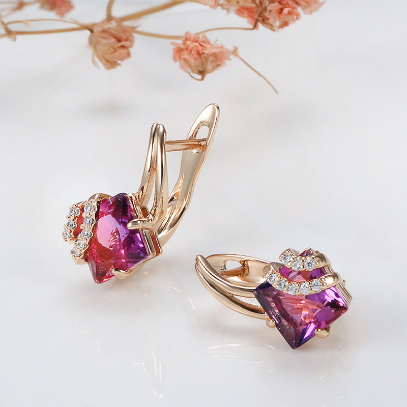 ZEVORA Crimson Square Crystal Earrings – Rose Gold Ruby Red Crystal Square Stud Earrings