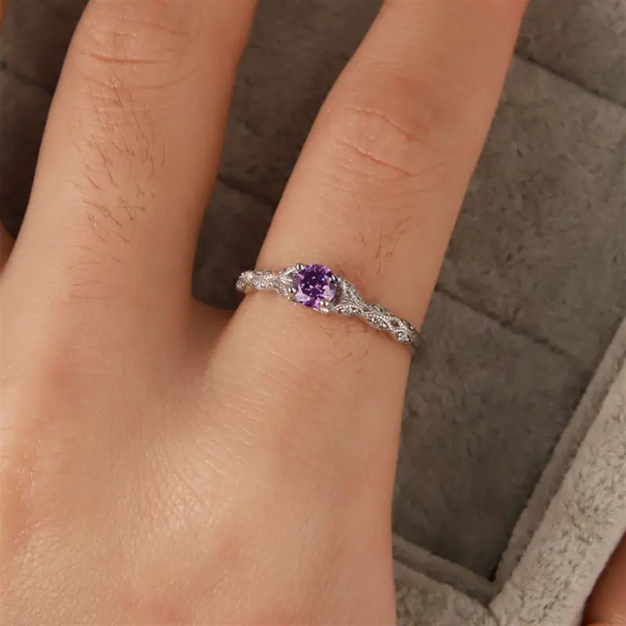 ZEVORA Amelys Fern Ring – Handmade White Gold & Amethyst Jewelry