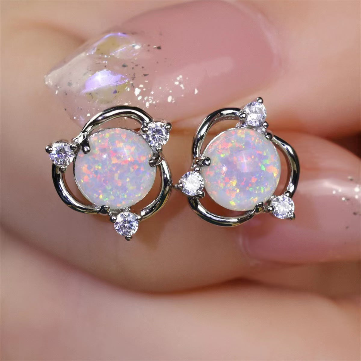ZEVORA Opal Trio Stud Earrings – White Gold Iridescent Opal Triple Stud Earrings