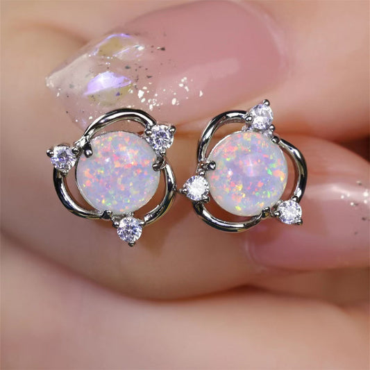 ZEVORA Opal Trio Stud Earrings – White Gold Iridescent Opal Triple Stud Earrings