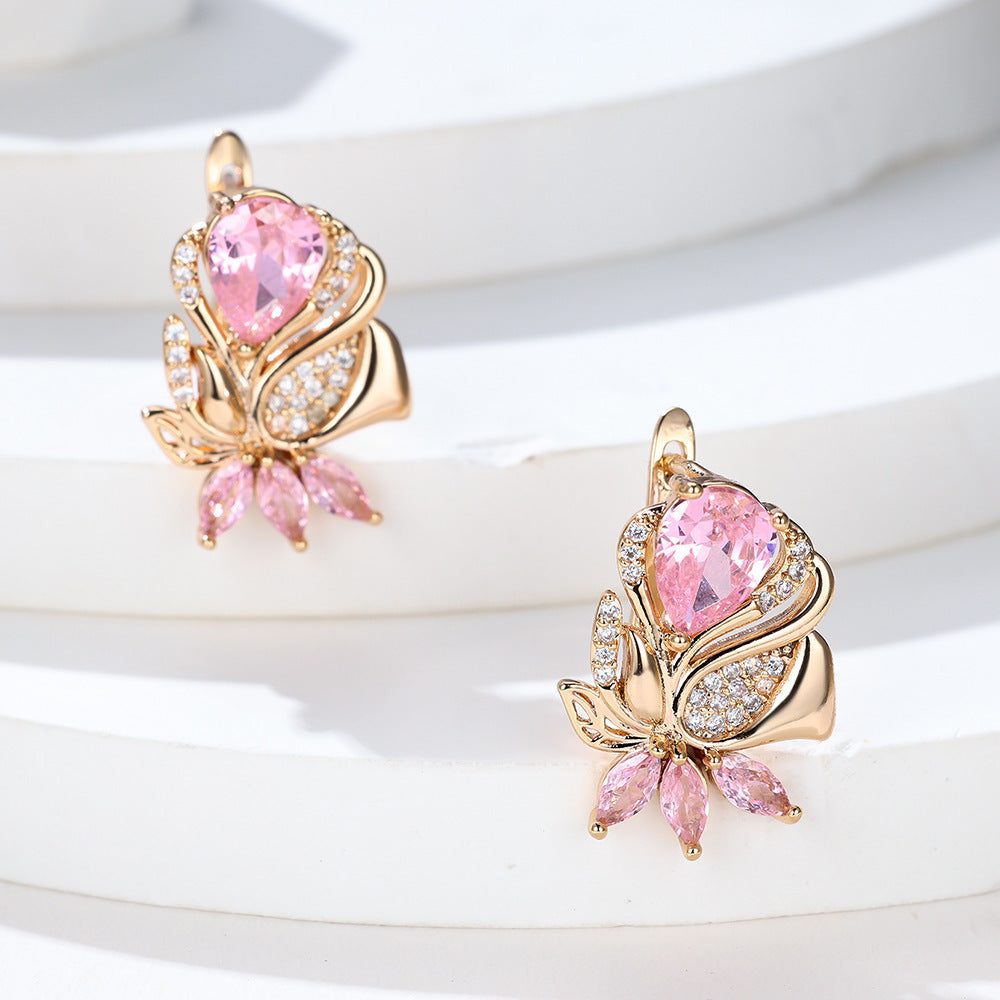 ZEVORA Amorette Rosepetal Earrings – Rose Gold Pink Sapphire Rose Petal Drop Earrings