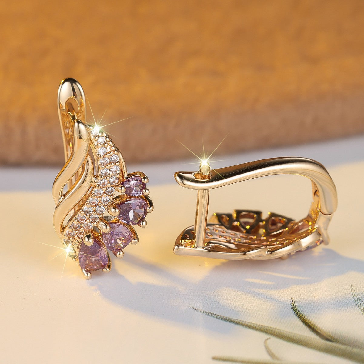 ZEVORA Nyvella Violet Feather Earrings – Rose Gold Amethyst Feather Drop Earrings