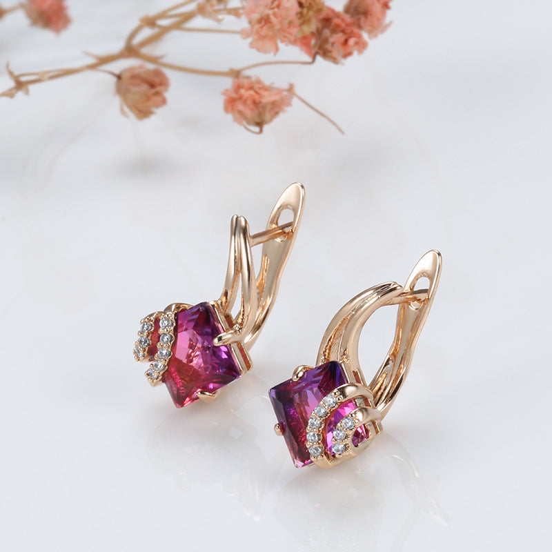 ZEVORA Crimson Square Crystal Earrings – Rose Gold Ruby Red Crystal Square Stud Earrings