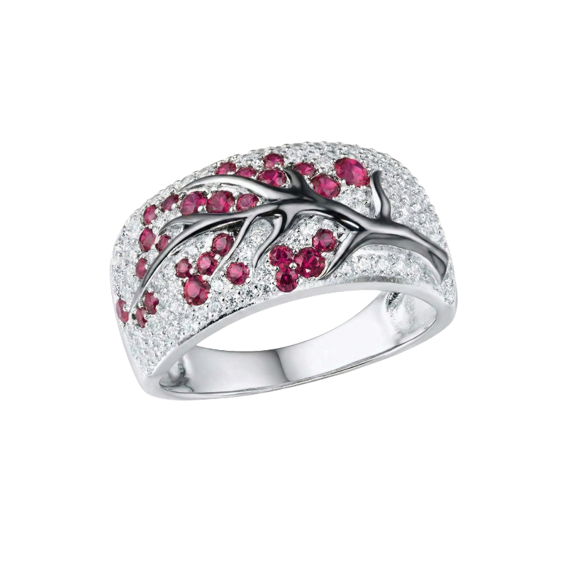Ruby Blossom Tree Ring in White Gold