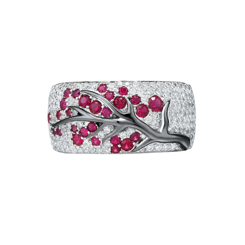 Ruby Blossom Tree Ring in White Gold