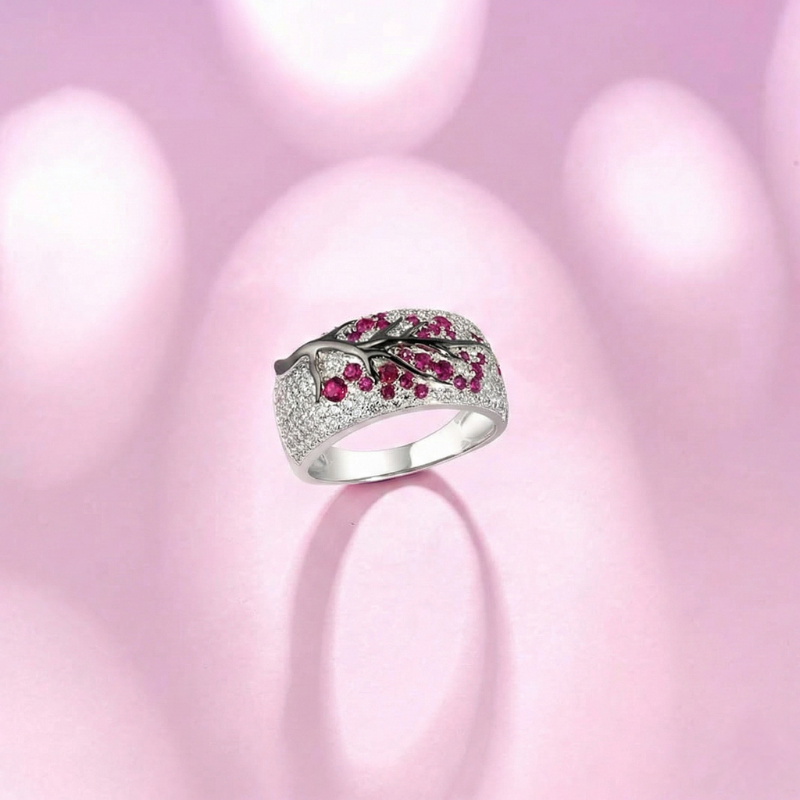 Ruby Blossom Tree Ring in White Gold