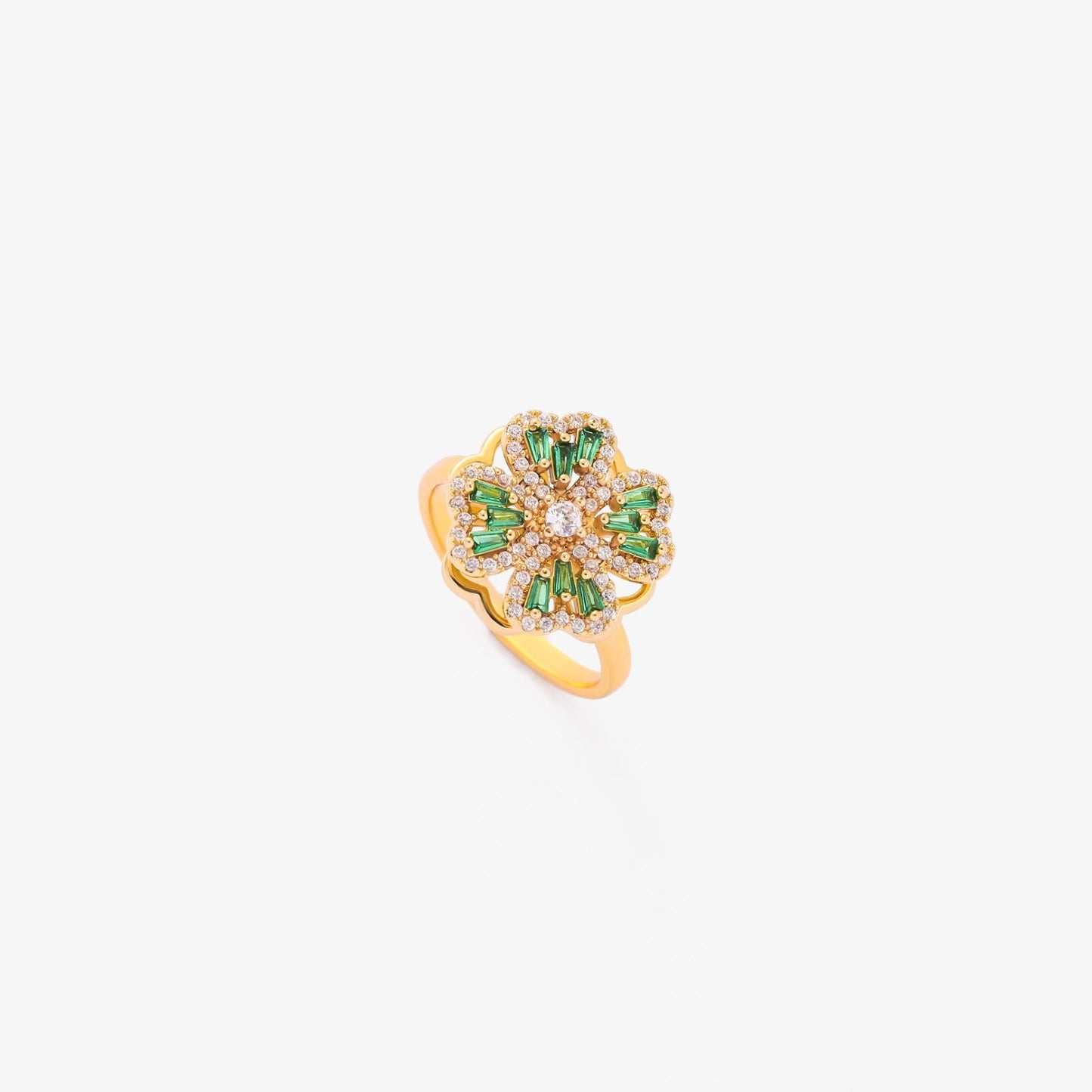 ZEVORA Emerald Clover Spinning Ring – Handmade Gold & Emerald Fidget Spinner Ring