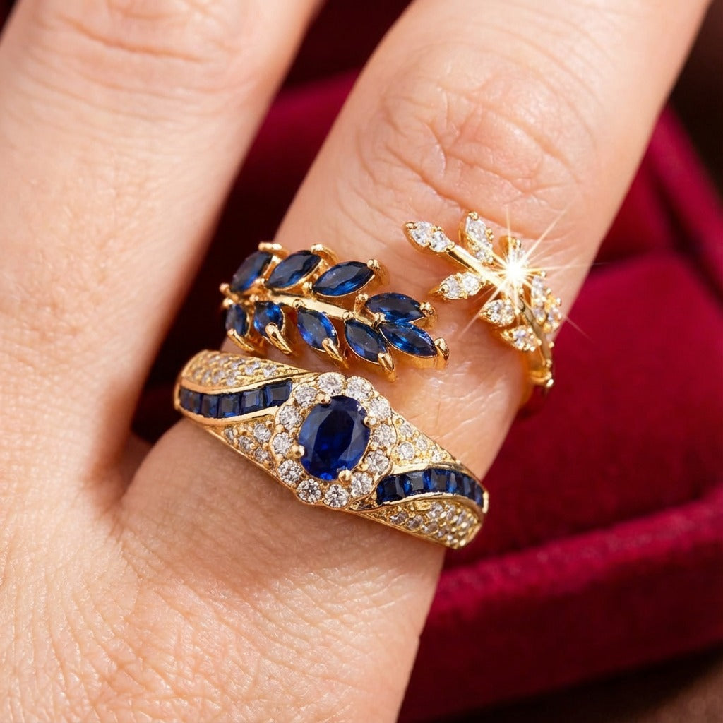 ZEVORA Avelisse Moraziel Ring Set – Gold Sapphire Stackable Ring Set