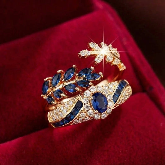 ZEVORA Avelisse Moraziel Ring Set – Gold Sapphire Stackable Ring Set