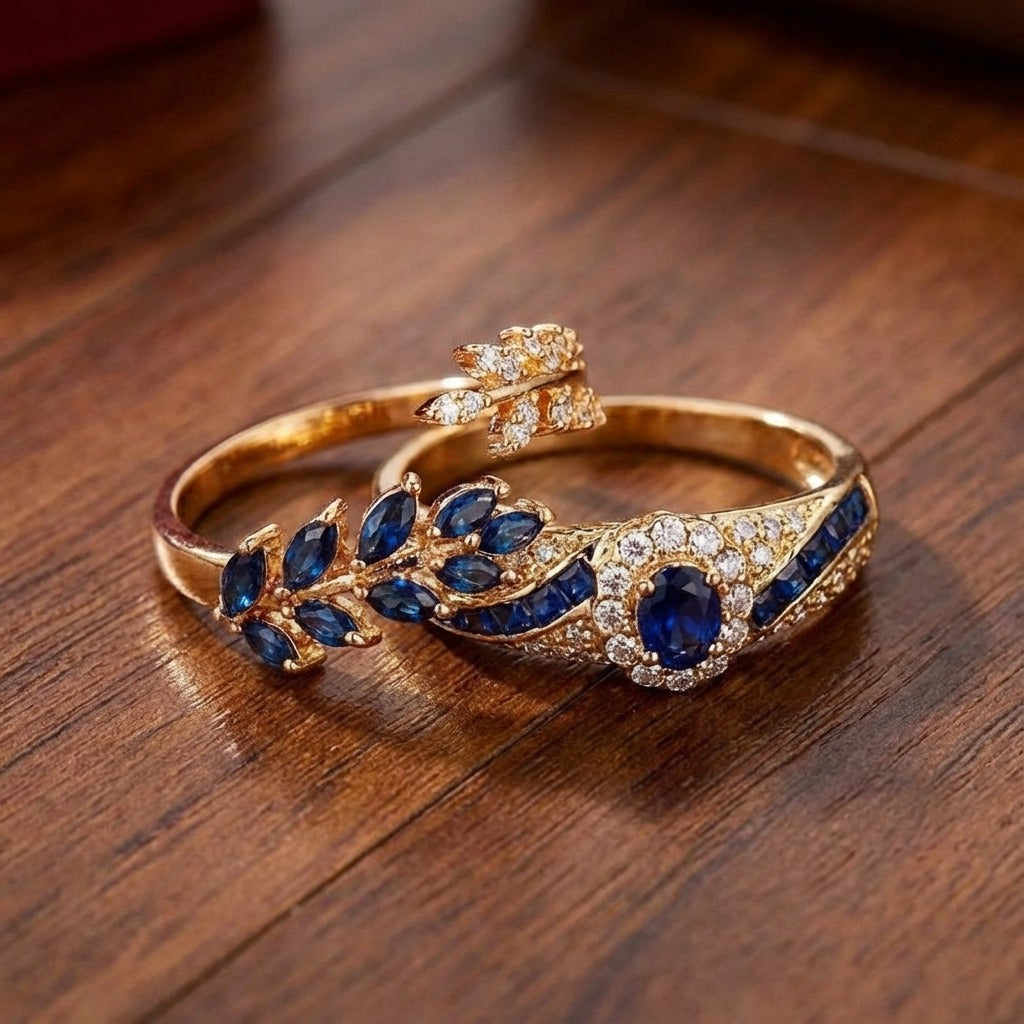 ZEVORA Avelisse Moraziel Ring Set – Gold Sapphire Stackable Ring Set