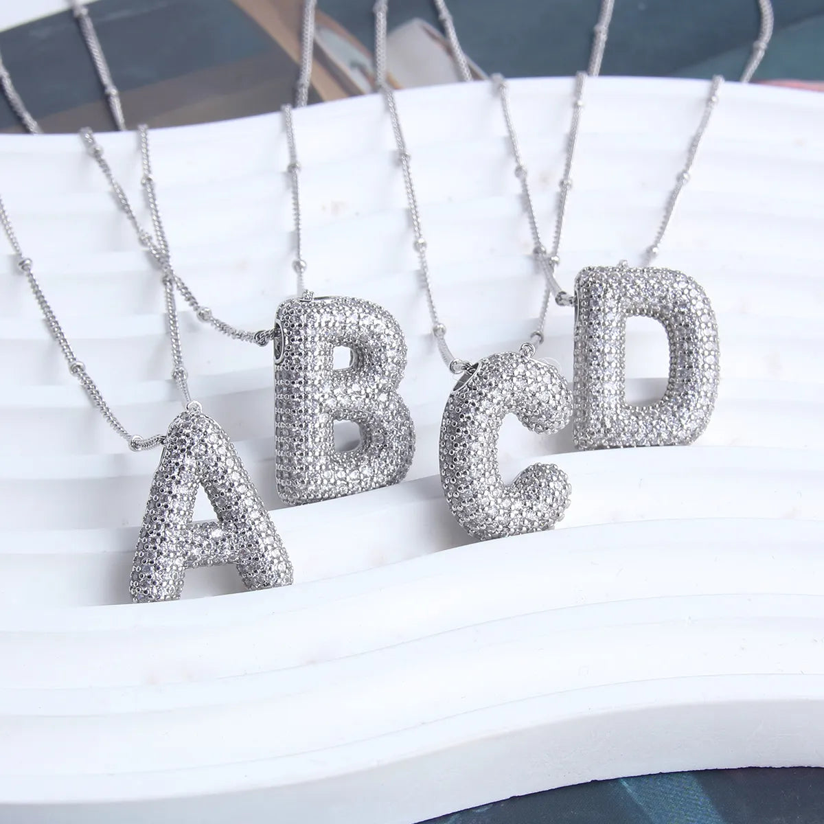 ZEVORA Bubble Letter Initial White Gold Necklace Set – Handmade & Hypoallergenic