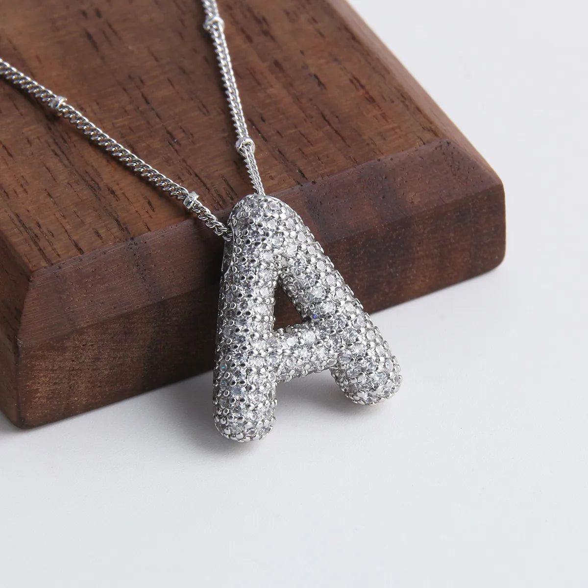 ZEVORA Bubble Letter Initial White Gold Necklace Set – Handmade & Hypoallergenic