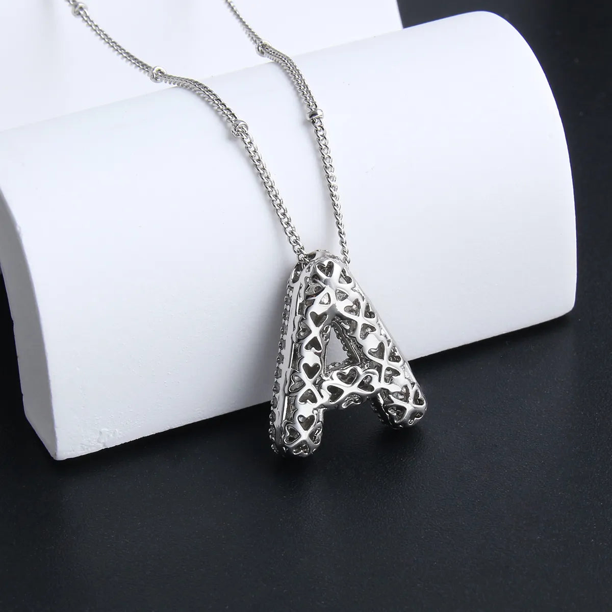 ZEVORA Bubble Letter Initial White Gold Necklace Set – Handmade & Hypoallergenic