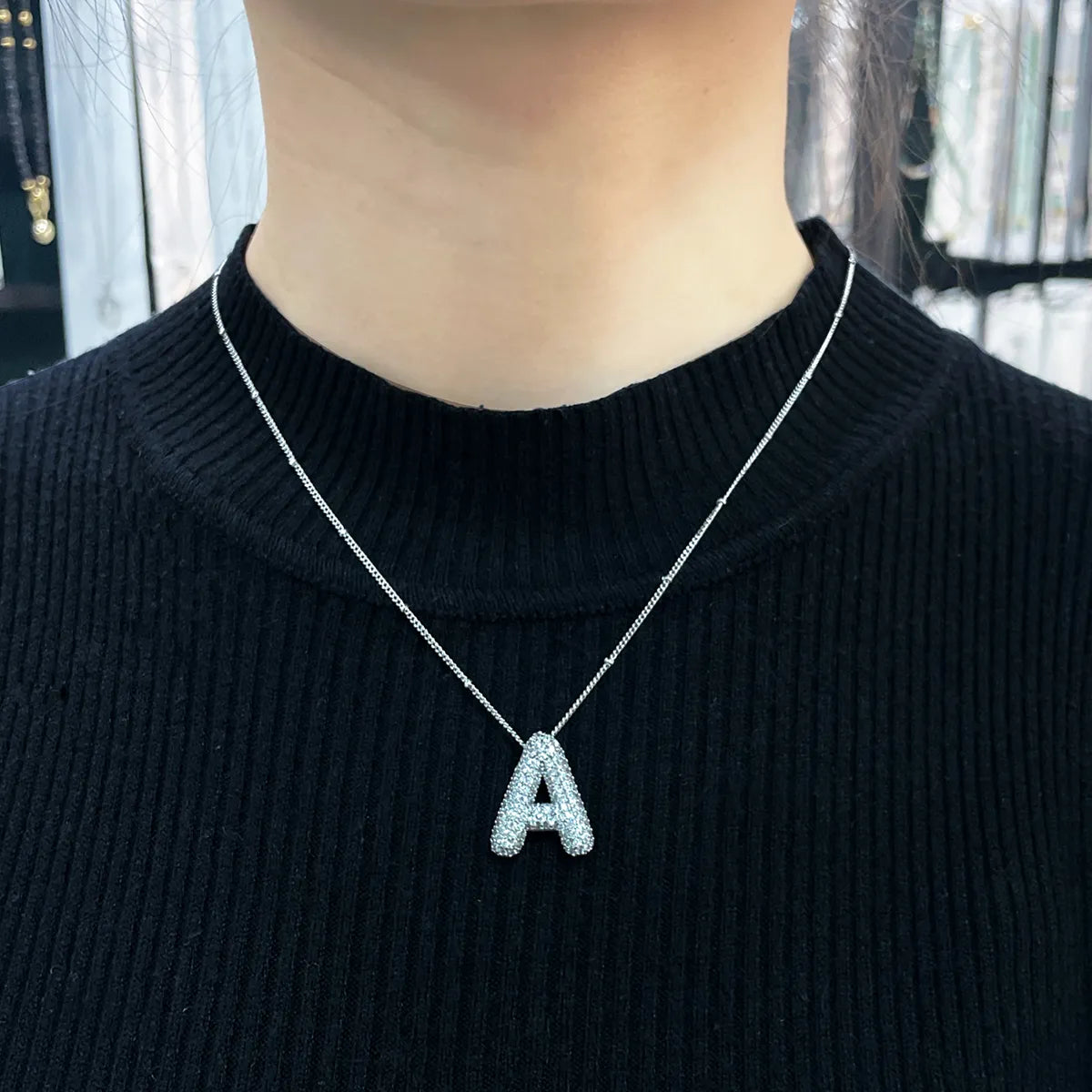 ZEVORA Bubble Letter Initial White Gold Necklace Set – Handmade & Hypoallergenic